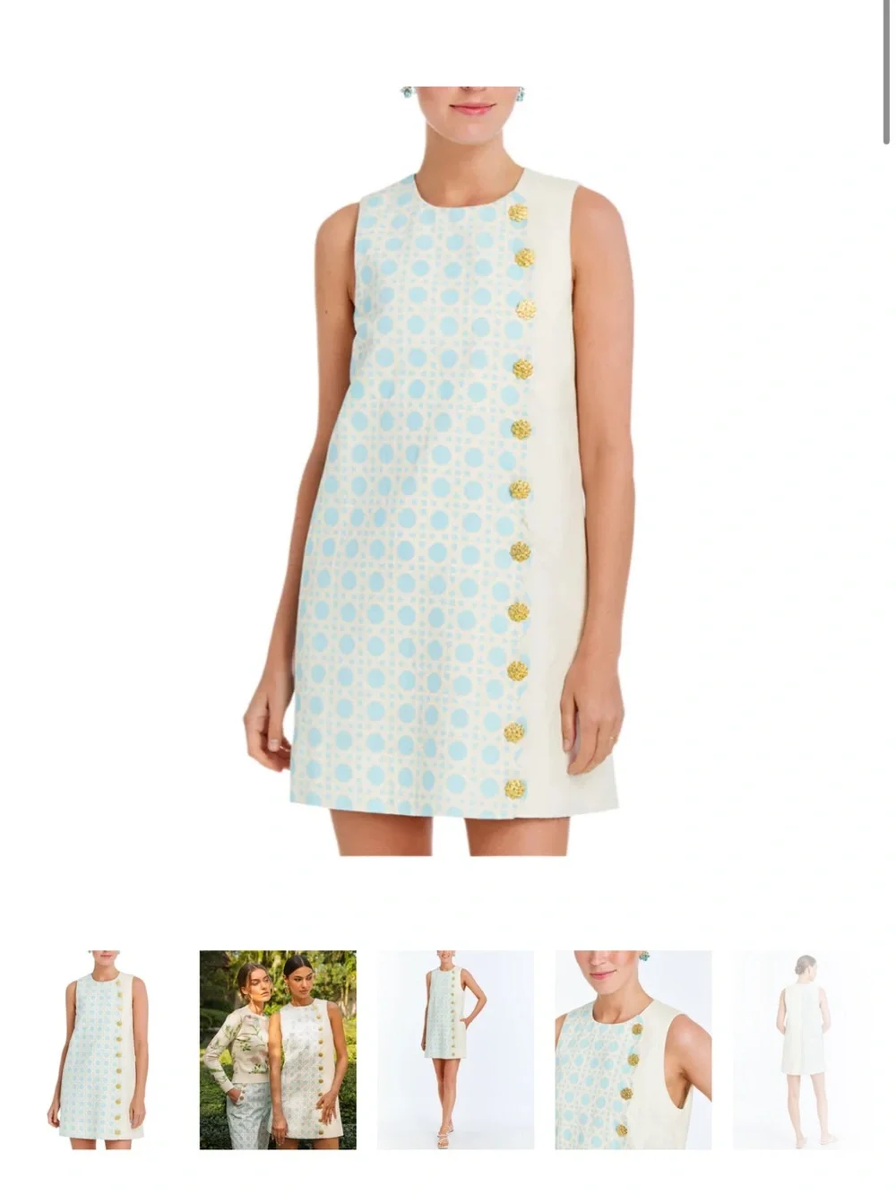 Sleeveless Light Blue & Cream Mini Dress with Gold Accent Buttons - Picture 1 of 5